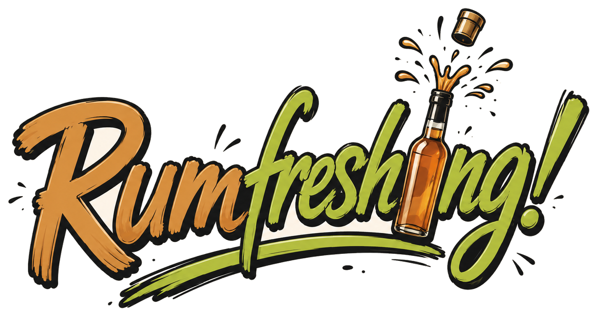 Rumfreshing! — hand-lettered wordmark with a popping rum bottle